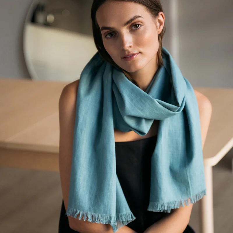 SHADOW – Linen Blend Fringed Scarf — Teal