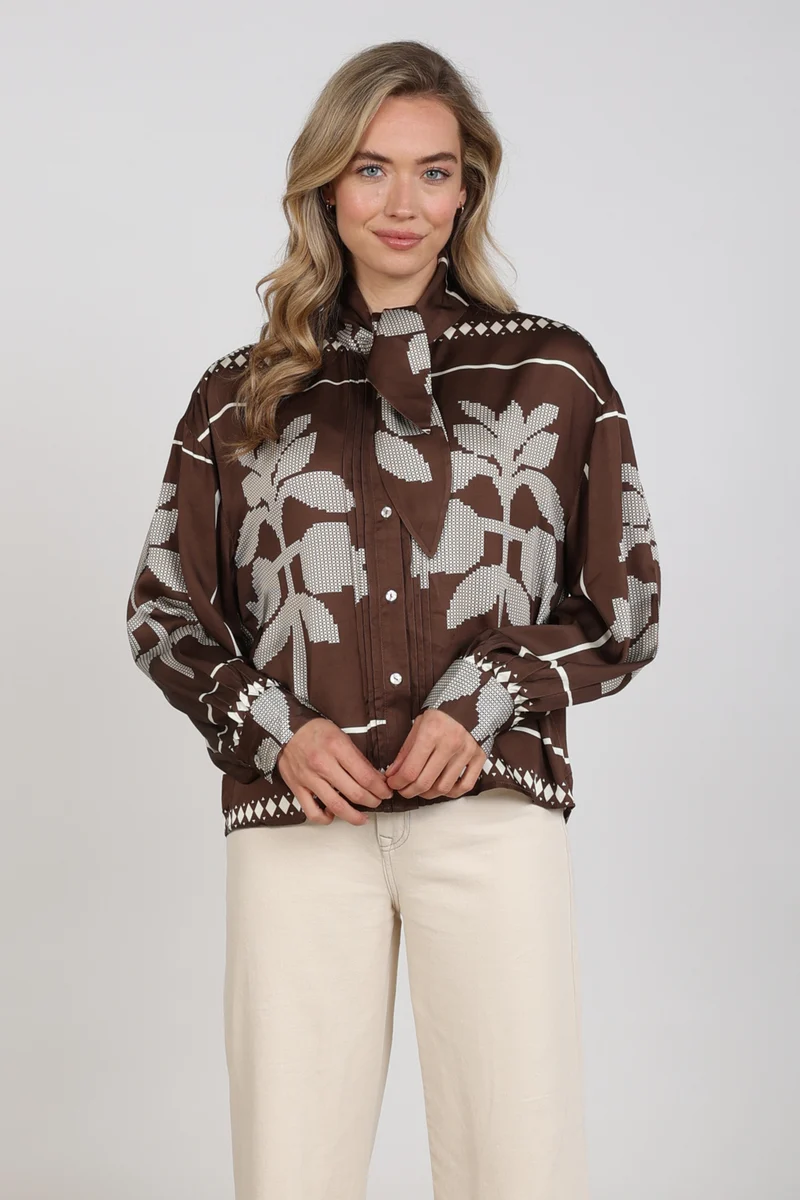 Blouse Alexandra Tie Cross Chocolate Offwhite NKF02203
