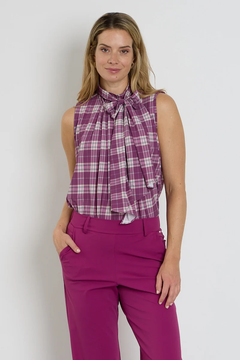Travel Blouse Bow Autumn Check Print Magenta Purple 202830