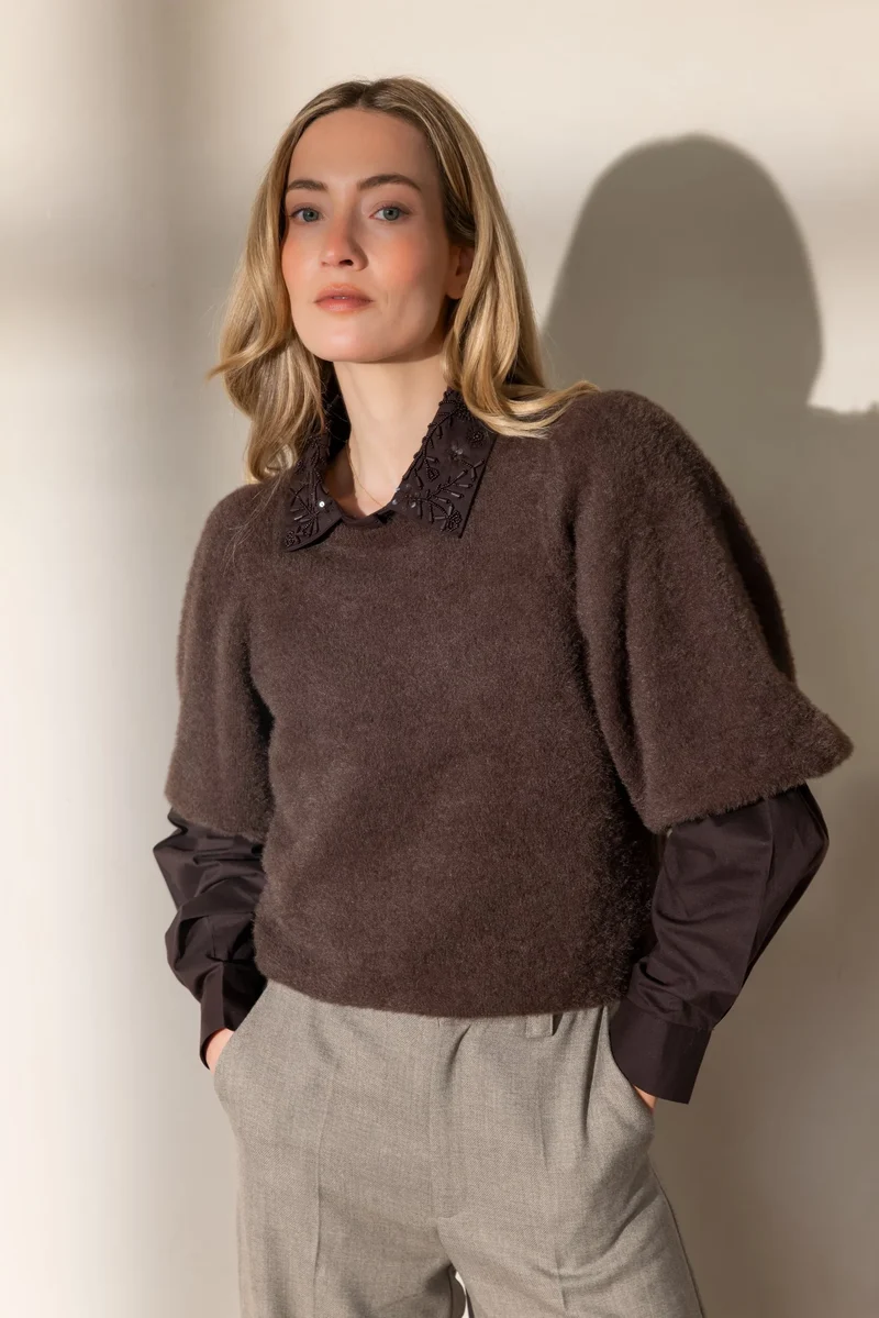 VIVANN Short balloon sleeve fluffy knitted top