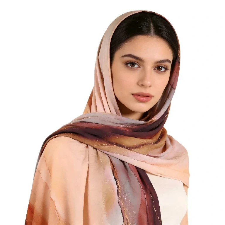 Luxe hijabsjaal van chiffon met marmerprint en glitters, groothandel.