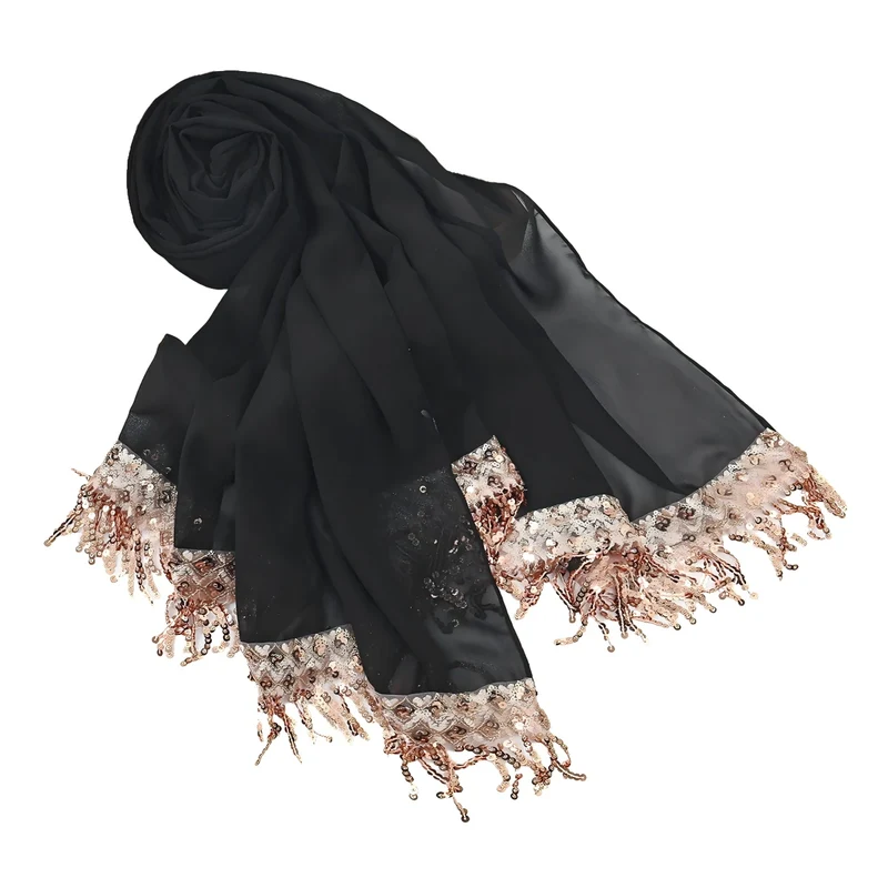 Groothandel in chiffon hijabs met pailletten en kwastjes voor bescheiden modeboetieks.