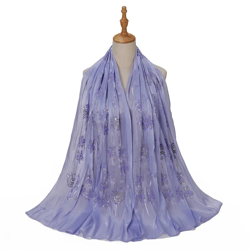 Groothandel in glinsterende, met bloemen geborduurde hijab met gouden pailletten voor Eid.