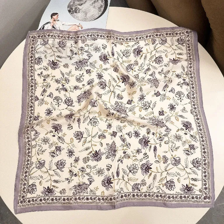 Groothandel vintage vierkante sjaals met bloemenprint van zijdeachtig materiaal, zachte satijnen haarsjaals in bulk