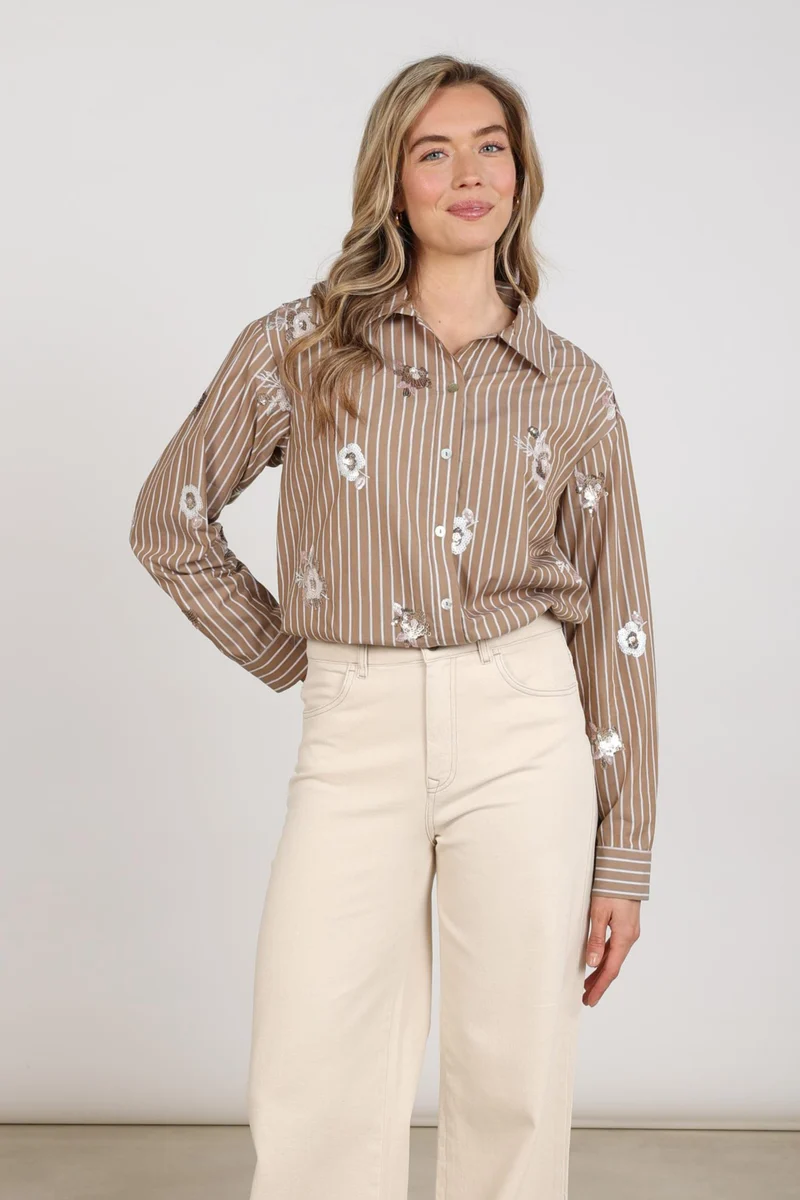 Blouse Newport Stripe Flower Taupe Offwhite NKF02137