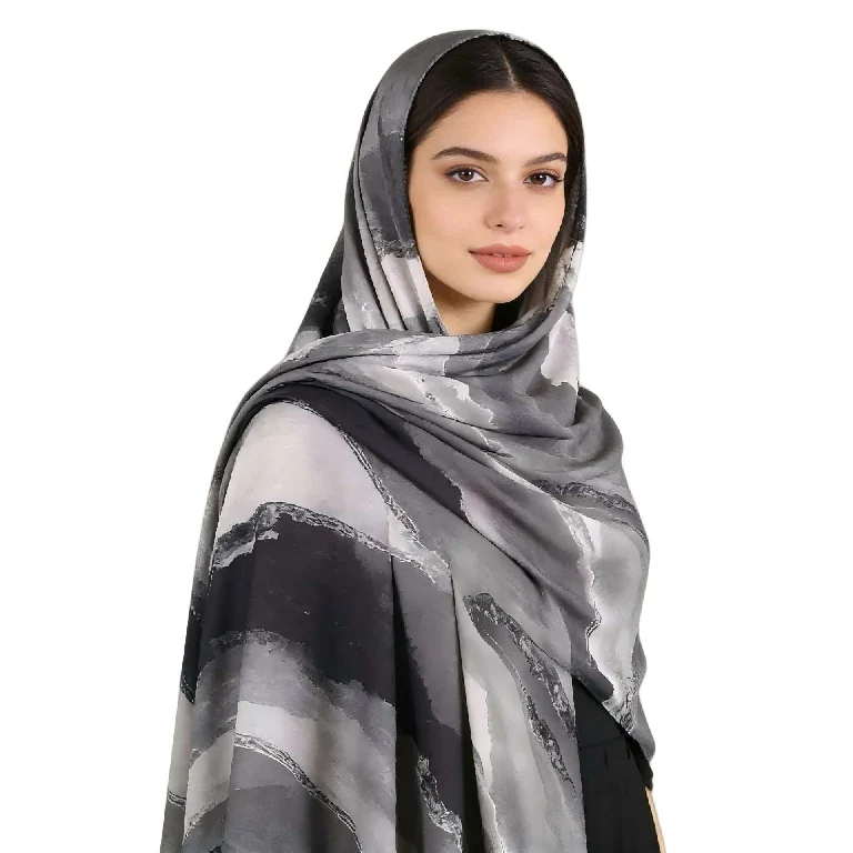 Groothandel in marmerprint hijab sjaals, grote vierkante sjaals met zijdeachtige textuur.