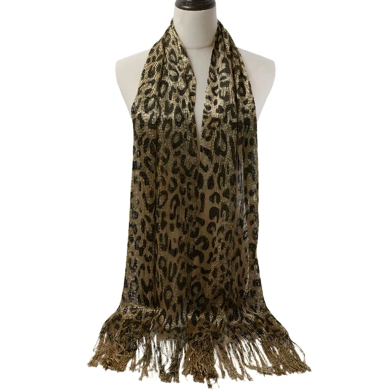 Groothandel metallic sjaal met luipaardprint en franjes, glinsterende kwastjes, omslagdoek voor dames