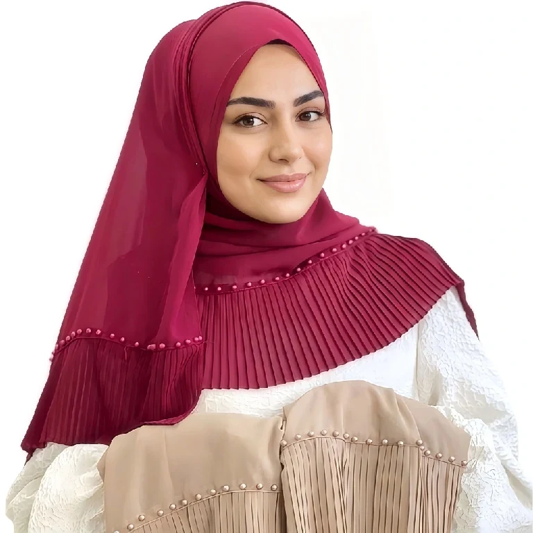 Groothandel in geplooide chiffon sjaals met parelkralen voor moslimvrouwen (hijab).