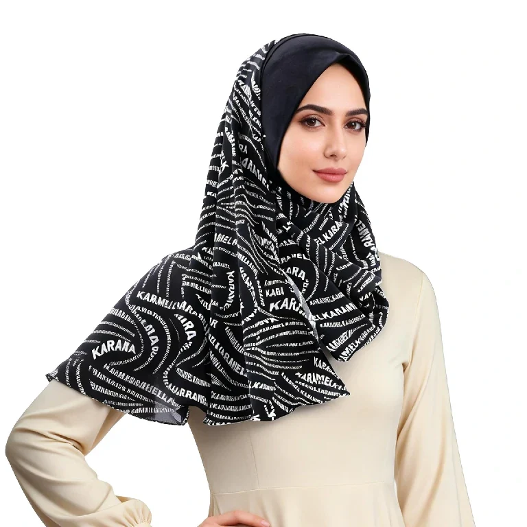 Groothandel in direct te gebruiken zwarte hijab met moderne letterprint voor alledaags gebruik.