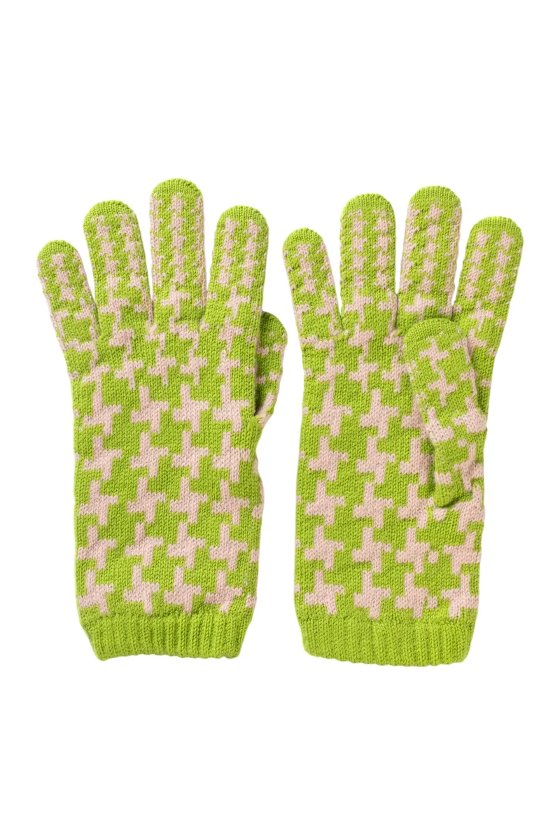 Rosie Sugden Kaschmir Handschuhe Hahnentritt Limetta Grün Rosa