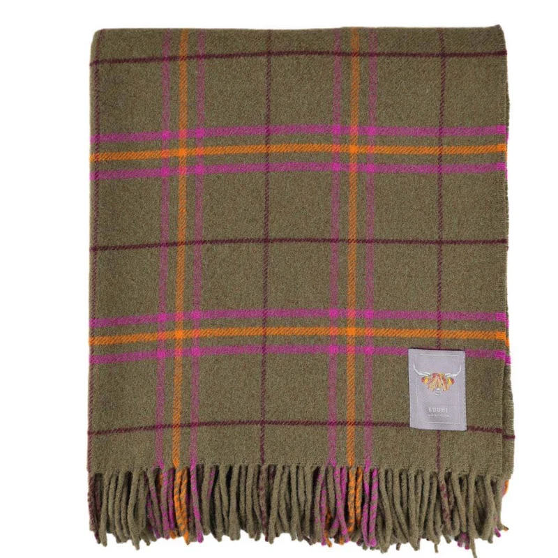 Kuuhi Schottische Tartan Wolldecke Isle of Arran | Grau-Orange-Rosa Karo