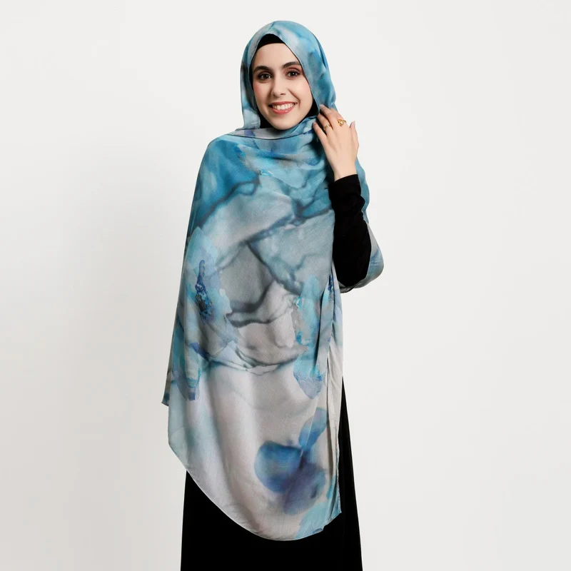 Groothandel stijlvolle modal zachte pastel marmerprint hijab sjaal met abstracte print en vloeiende inkt