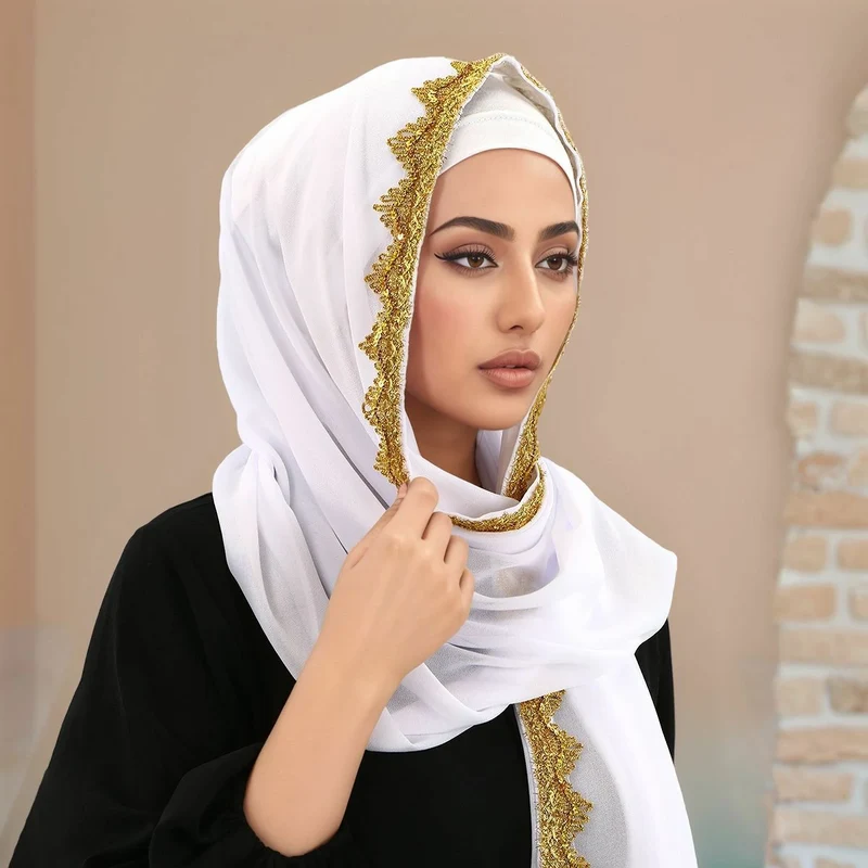 Groothandel Zardozi Dupatta Gouden Kroon met Golvende Randen Warmgestempelde Sjaal