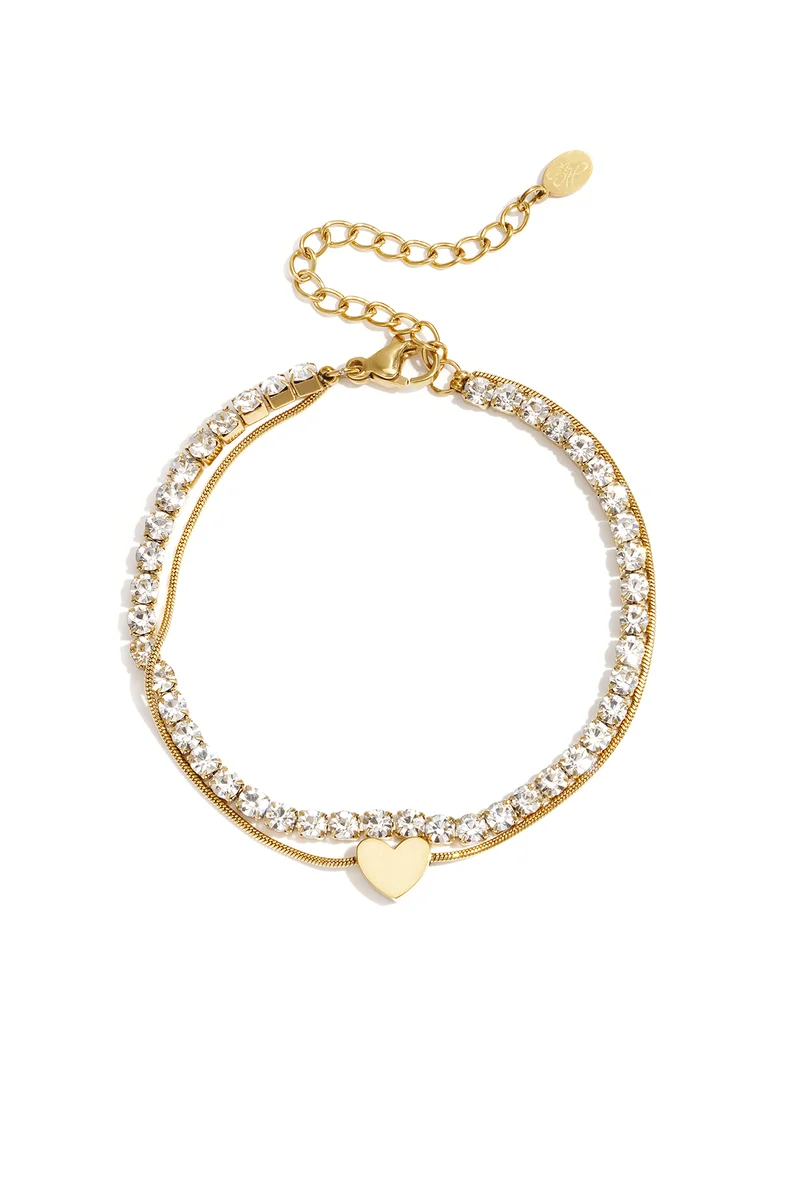 Goudkleurige Armband met Hart & Strass – RVS – Multilaags