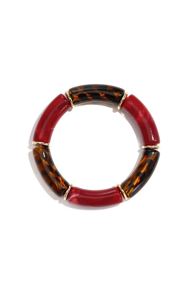 Kralenarmband Dames – Acryl – Goud, Rood & Donkerbruin