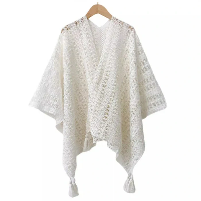 Groothandel Franje Haak Sjaal Open Voorkant Poncho Cardigan Kwastje