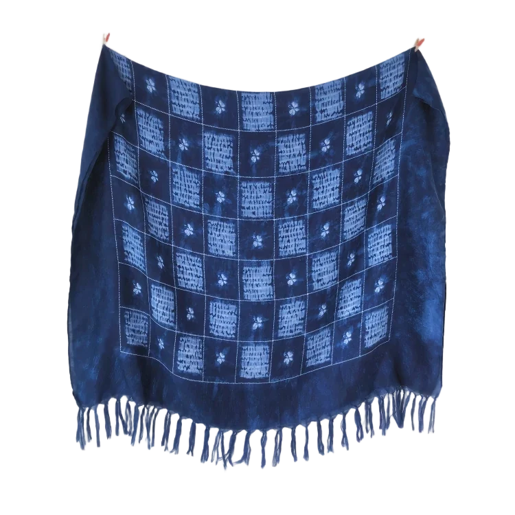 Groothandel grote indigo shibori sjaal van rayon met franjes, boho-stijl