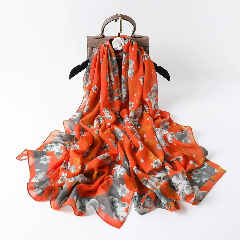 Groothandel lichtgewicht chiffon sjaal met bloemenprint, lange oversized omslagdoek