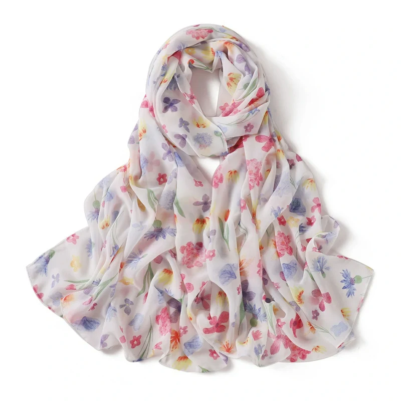 Groothandel in aquarel bloemenprint chiffon hijab, lichtgewicht dames lente sjaal