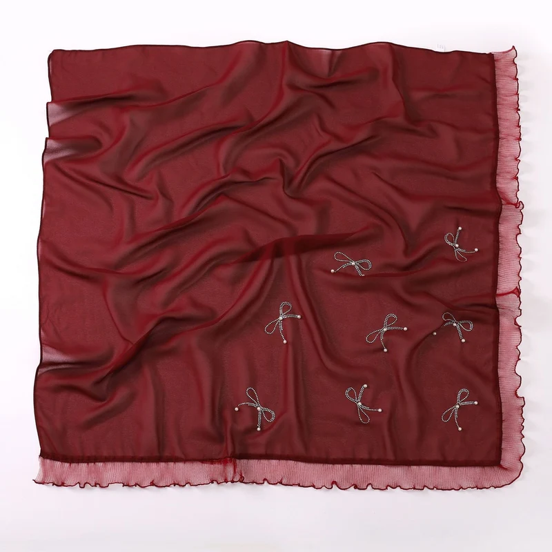 Groothandel Parelstrik Chiffon Hijab Ruches Randen Vierkante Luxe Bescheiden Sjaal