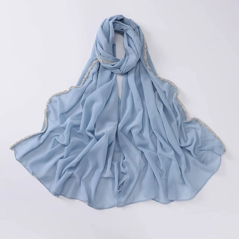 Luxe chiffon hijab met strass-rand en diamantversiering, groothandelssjaal.
