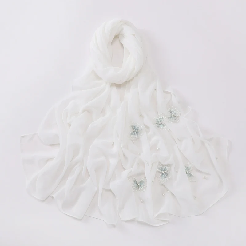 Groothandel Parel Vlinder Chiffon Hijab 3D Geborduurd Wolkendanser Moslim Sjaal