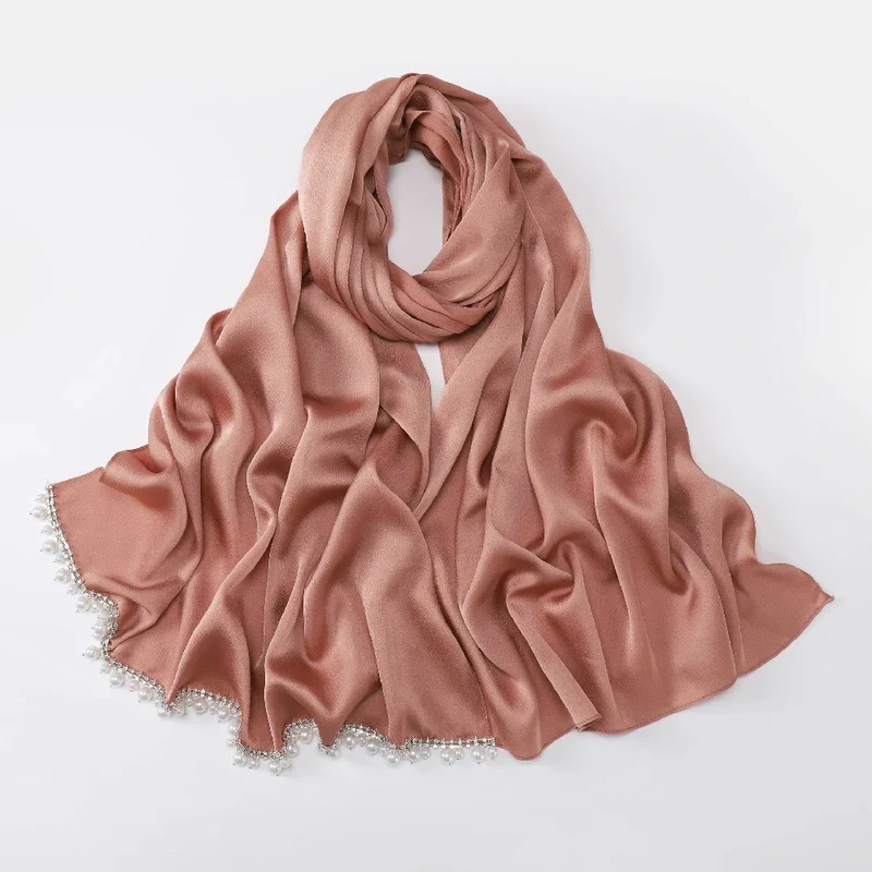 Groothandel luxe parelkralen hijab effen kleur parelversiering moslim sjaal