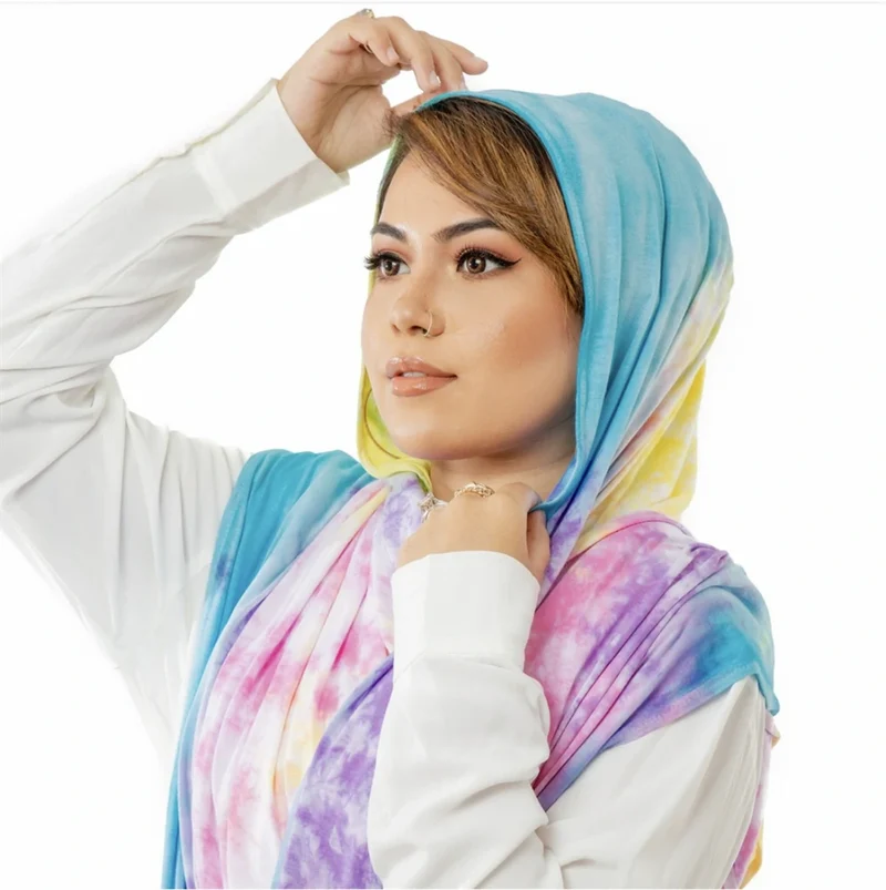Groothandel Tie Dye Jersey Hijab Regenboog Rekbare Modal Sjaal