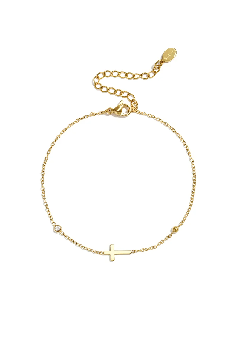 Goudkleurige Armband met Kruis & Strass – RVS – Dames