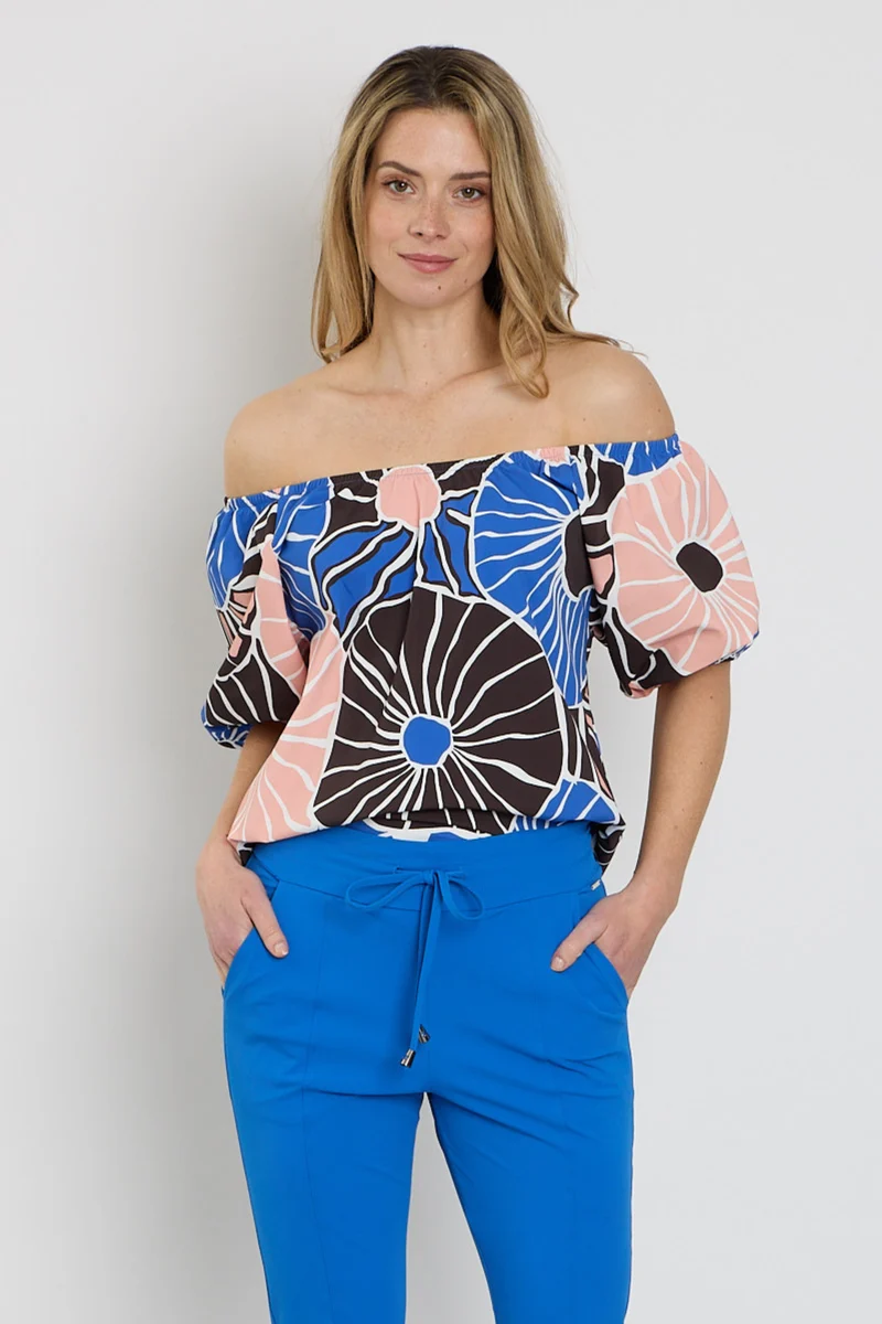 Travel Top Bardot Desert Anemone Print Nautic Blue 202454