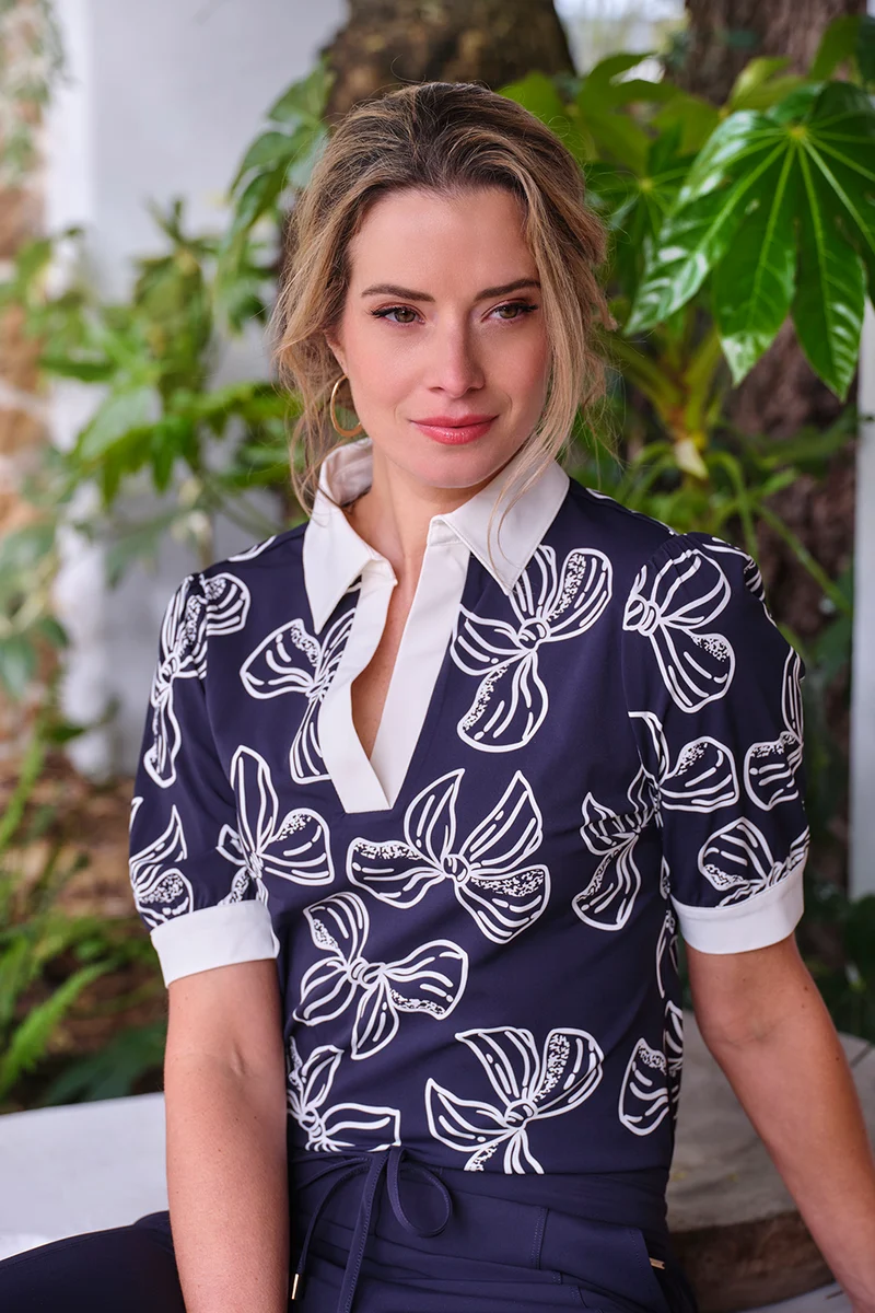 Travel Top Polo Bow Print Navy Offwhite 202853