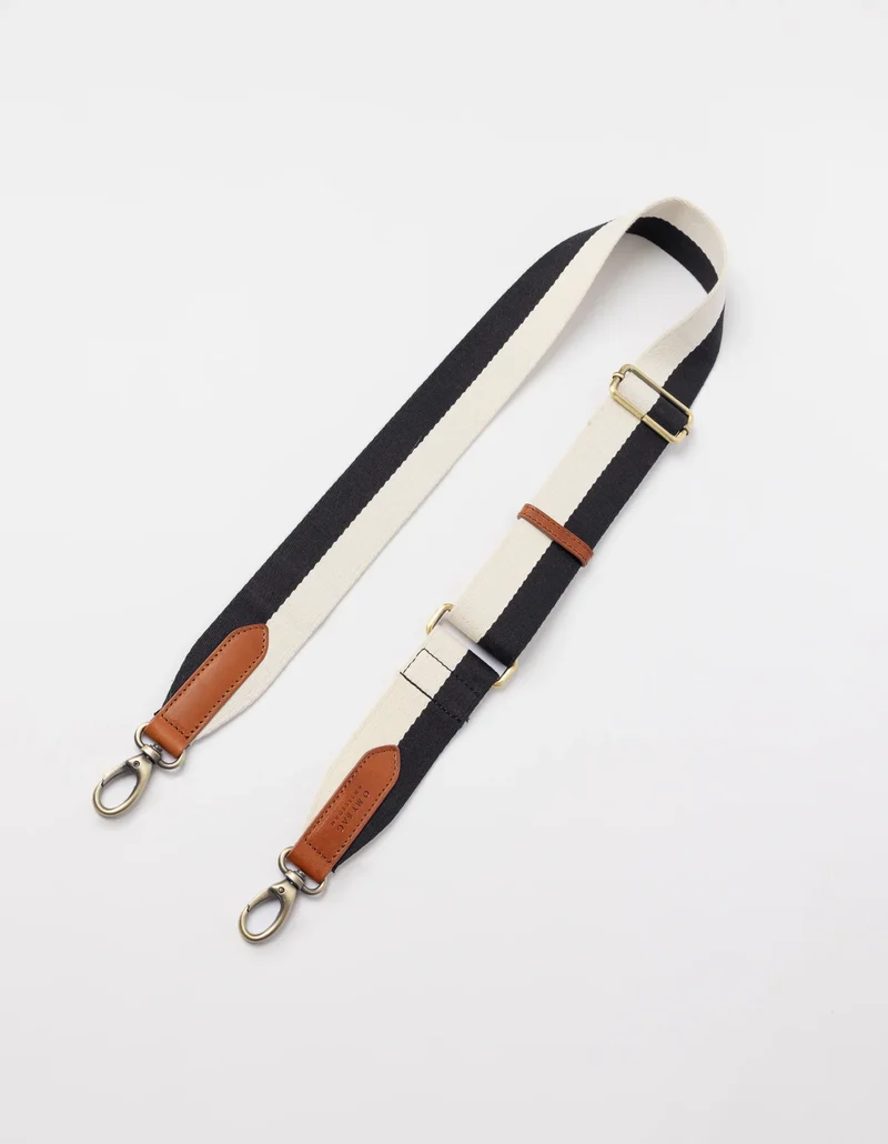 Webbing Strap striped black / white / cognac leather