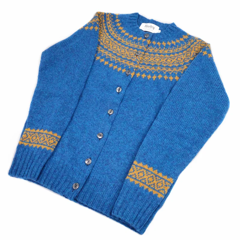 Harley of Scotland Damen Fairisle Strickjacke Neptune Blau