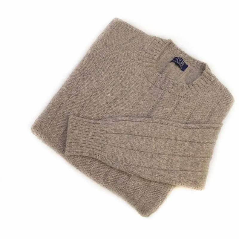 William Lockie Herren Gerippter Pullover 100% Geelong Lammwolle Beige