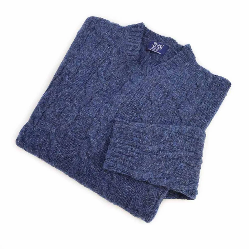 William Lockie Herren Zopfmuster Pullover Supersoft Lammwolle Denim Blau