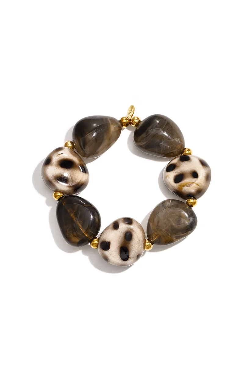 Kralenarmband met Grote Luipaardprint Kralen – Bruin & Goud | Acryl & RVS