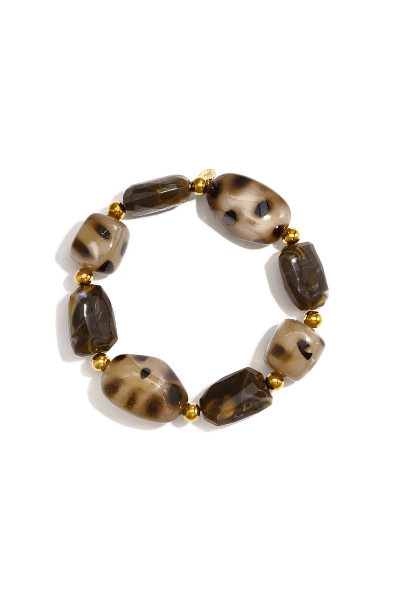 Kralenarmband met Luipaardprint – Bruin & Goud | Acryl & RVS