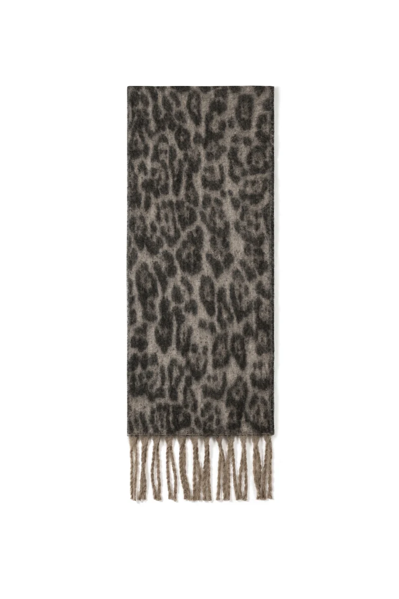 Polyester Sjaal met Luipaardprint – Grijs | 180x40cm | Met Franjes