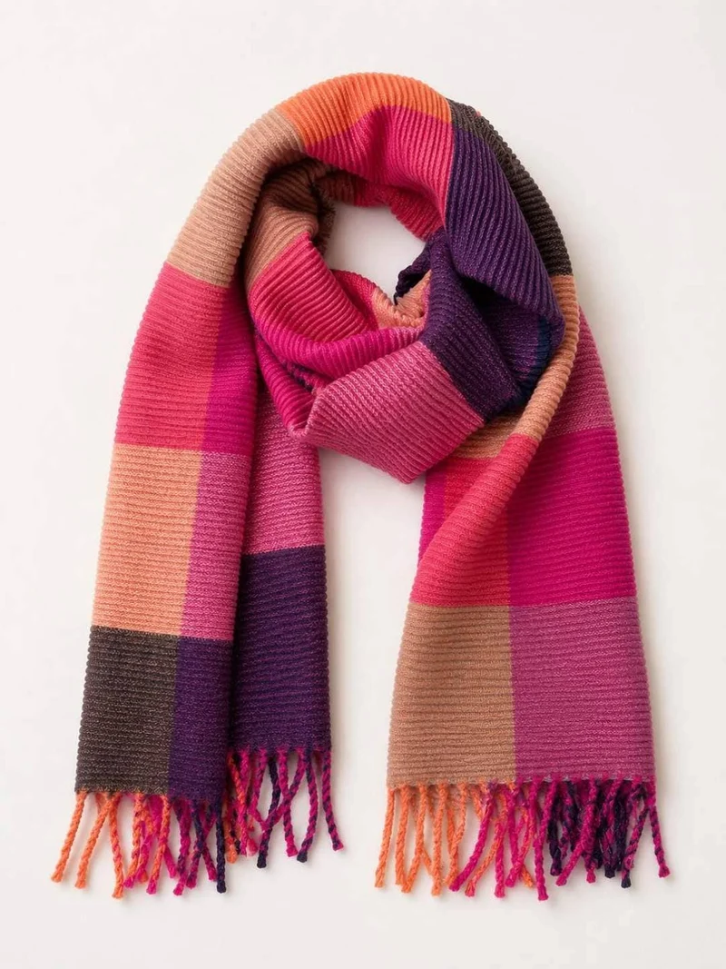Viscose Sjaal met Franjes – Kleurblokken Fuchsia & Roze | 210x38cm | Wauw Fashion