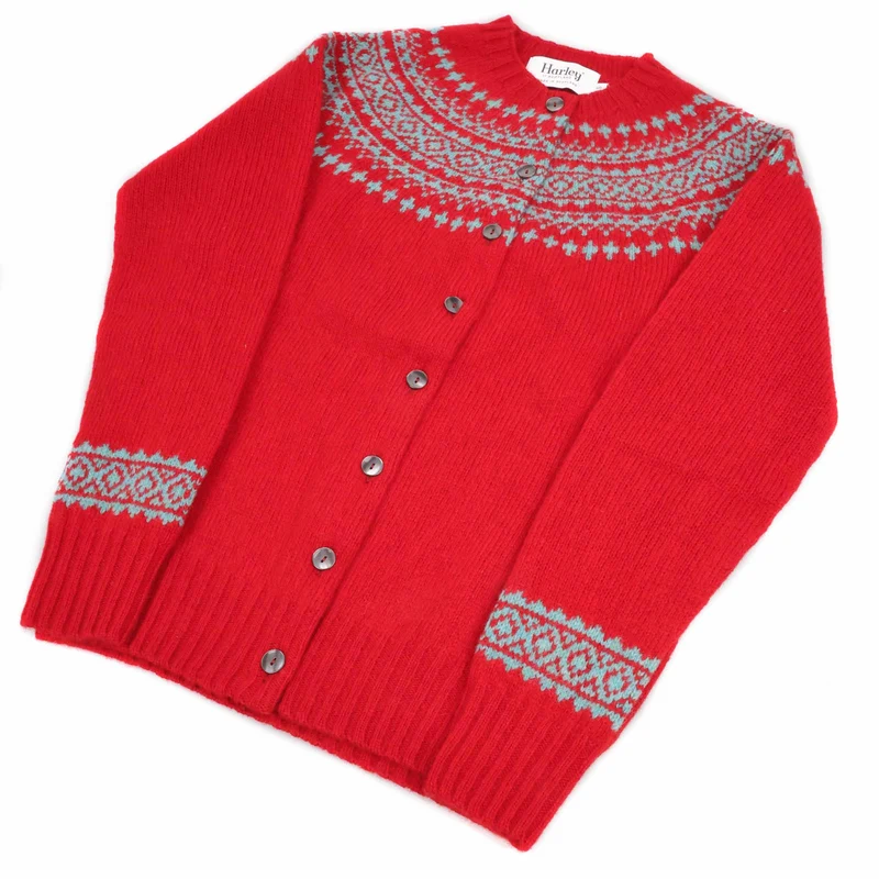Harley of Scotland Damen Fairisle Strickjacke Cardinal Rot