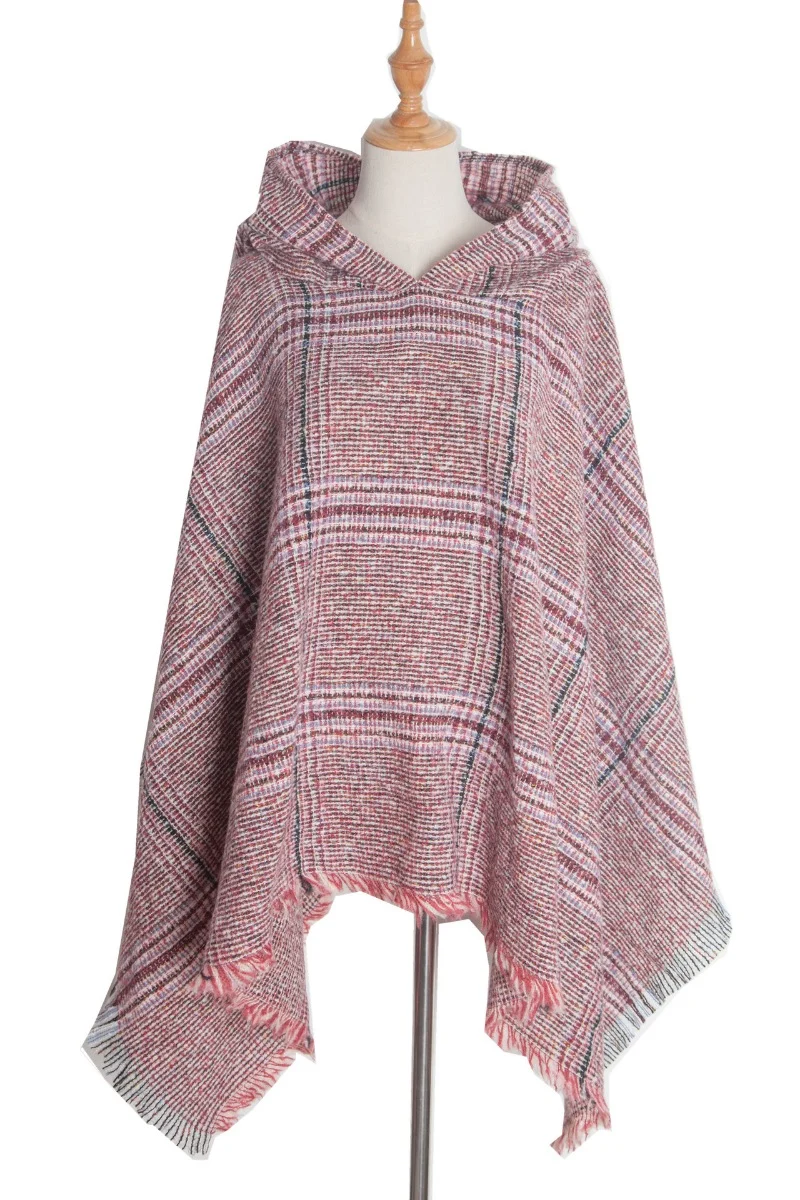 Warme winter geruite sjaal met capuchon - elegante poncho met kwastjes voor dames op maat