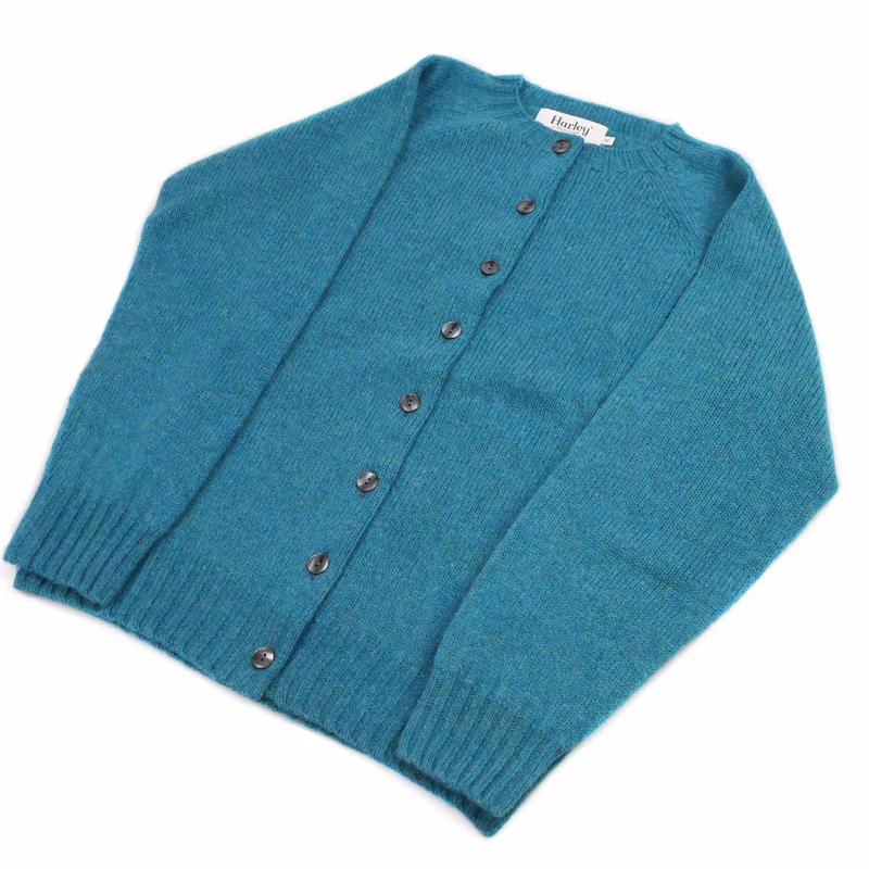 Harley of Scotland Damen Schurwolle Strickjacke Aqua Blau