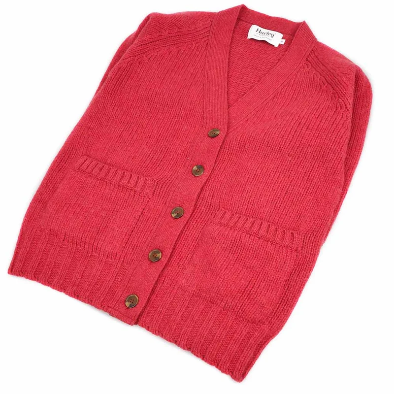 Harley of Scotland Damen Lammwolle Cardigan mit Taschen Rosa Einfarbig