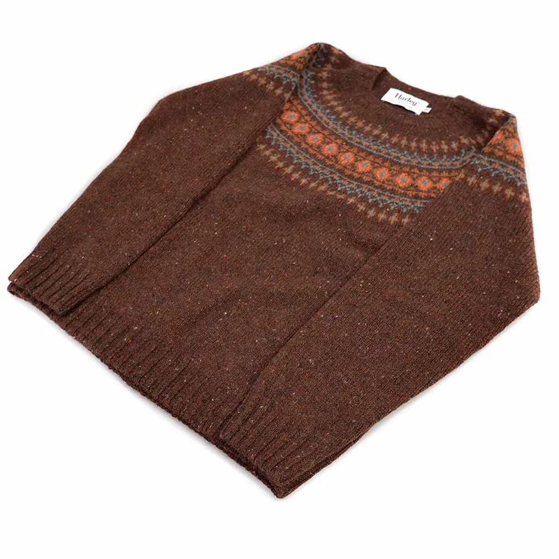 Harley of Scotland Fairisle Pullover Damen | Walnuss Braun · Nep Twist Schurwolle