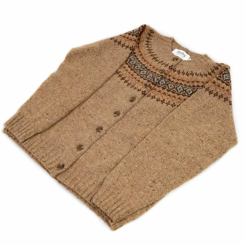 Harley of Scotland Damen Schurwolle Strickjacke Fairisle Muster Braun