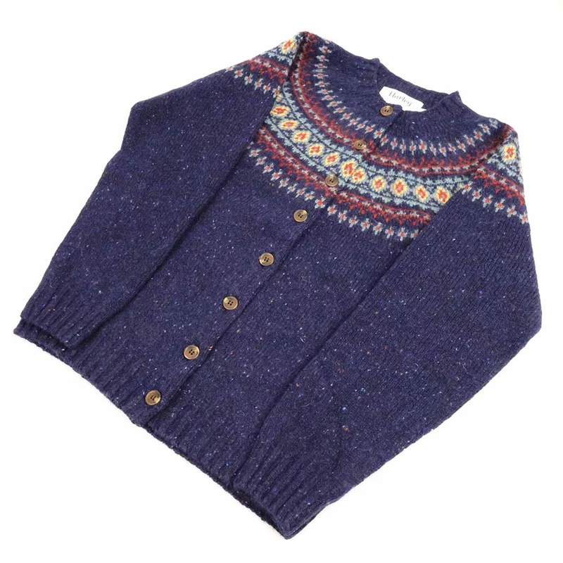 Harley of Scotland Fairisle Strickjacke Damen | Marine Blau · 100% Schurwolle