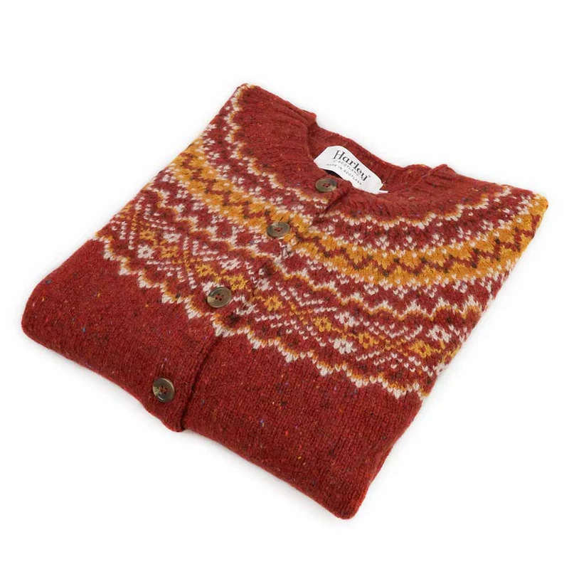 Harley of Scotland Fairisle Strickjacke Damen | Rot · 100% Schurwolle