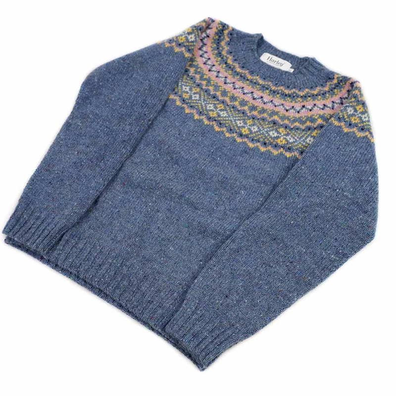 Harley of Scotland Damen Schurwolle Pullover mit Fairisle Muster Himmel Blau