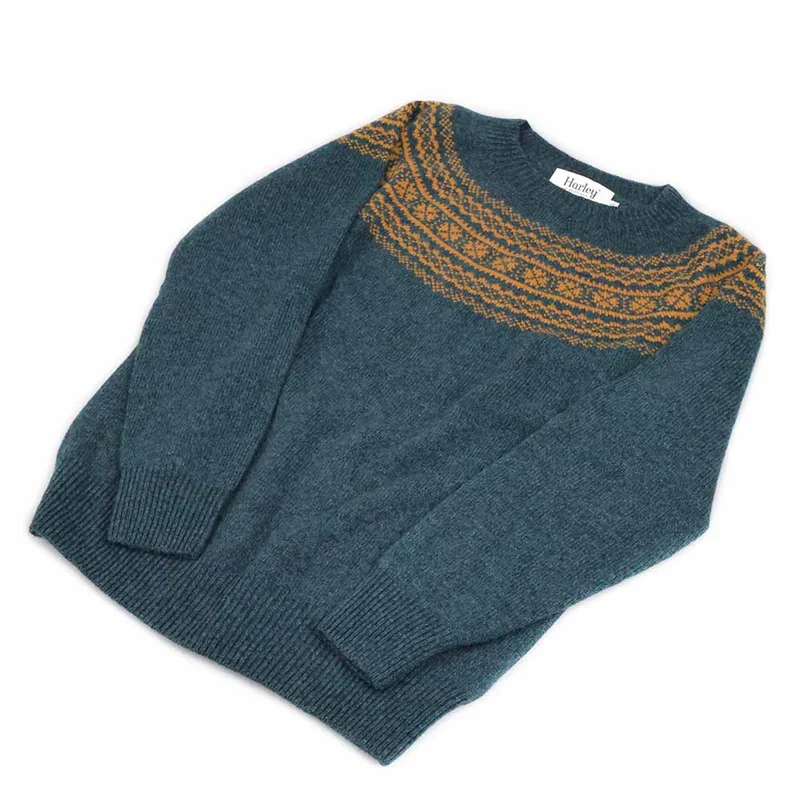 Harley of Scotland Fairisle Pullover Damen | Teal & Gelb · Superfine Schurwolle