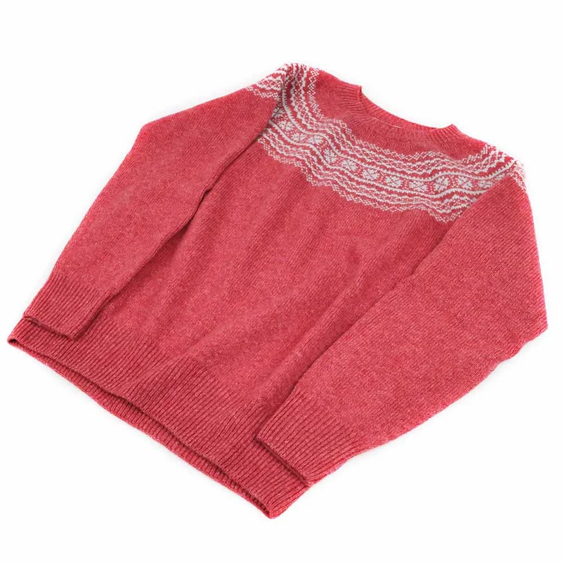 Harley of Scotland Damen Fairisle Pullover Superfine | Pastellrosa & Blaugrau · 100% Lammwolle